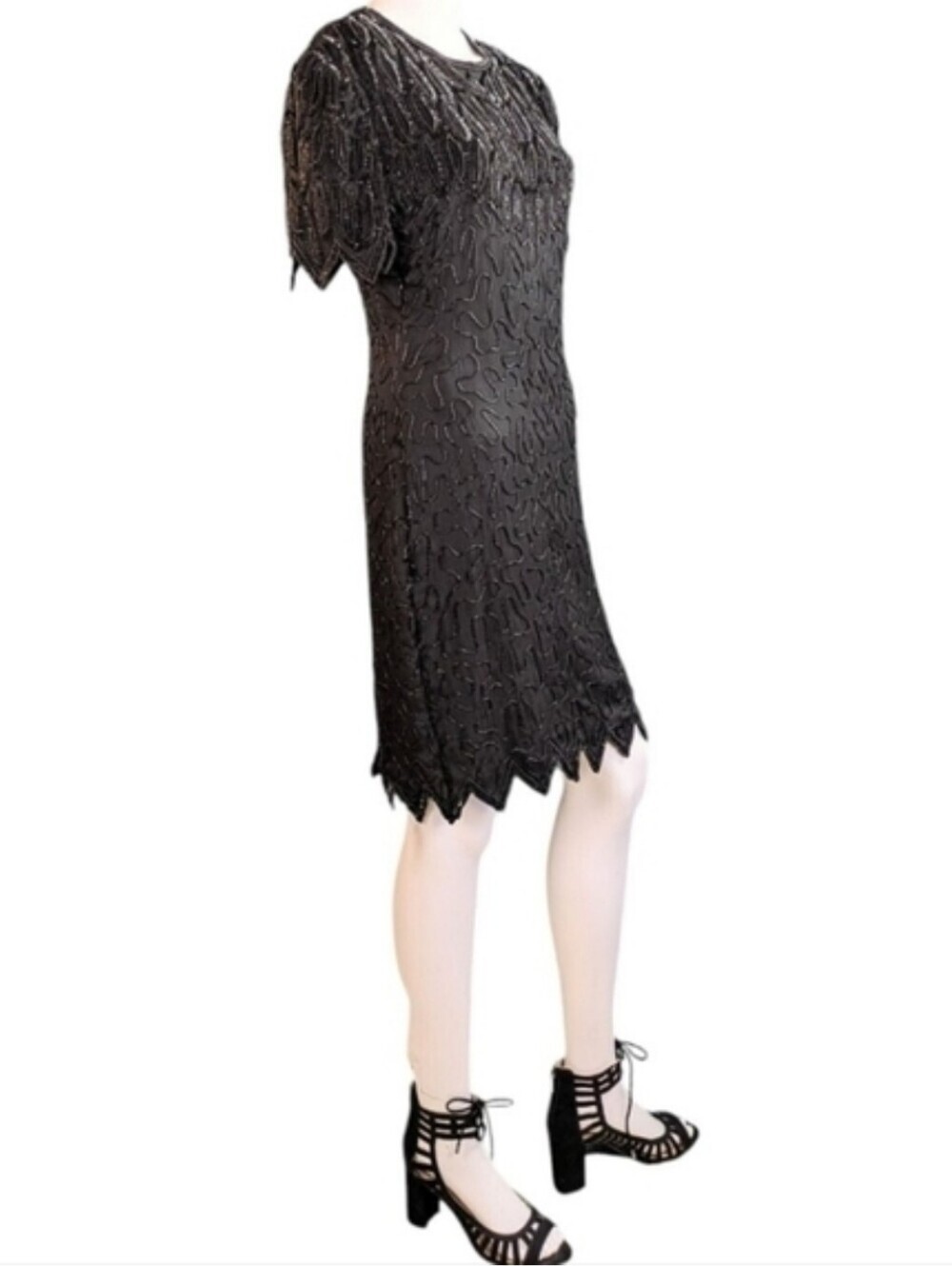 Vintage Laurence Kazar Beaded Silk Cocktail Dress 90s BEAUTIFUL! - Picture 14 of 17